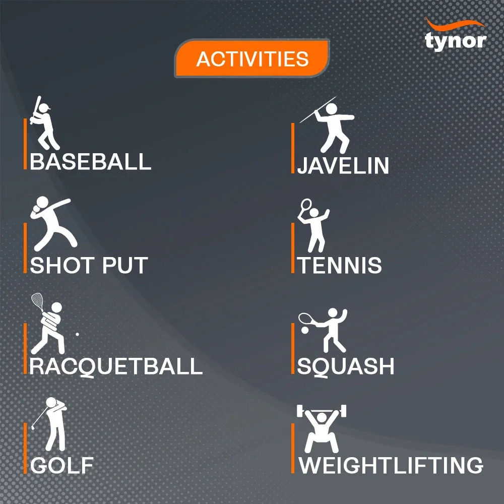 Tynor Elbow Wrap Neo activity icons, including tennis, squash, golf, baseball and weightlifting