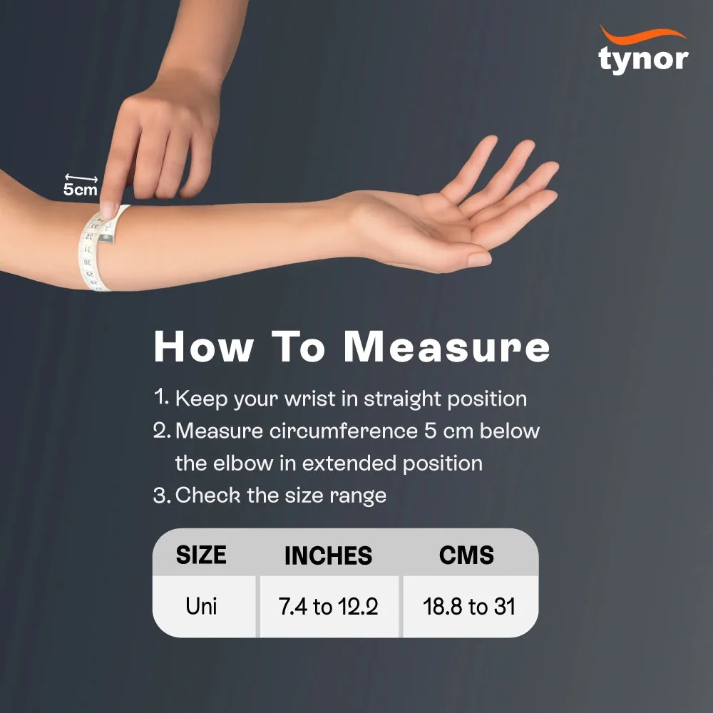 Tynor Elbow Wrap Neo size chart: one size for 7.4 to 12.2 inches below the elbow