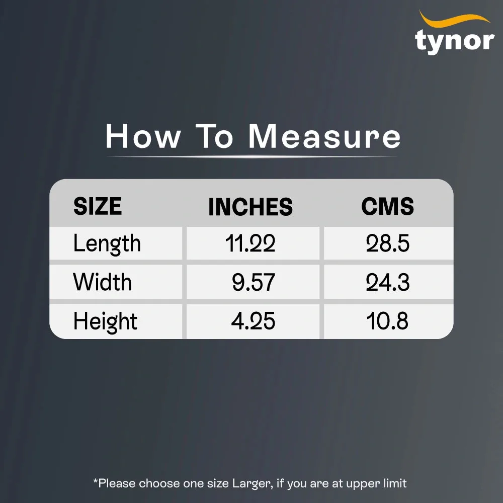 Tynor Elite Car Neck Pillow size chart with length, width and height in inches and cm