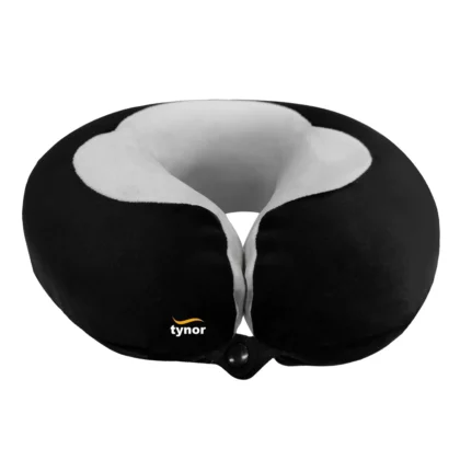 Tynor Elite Travel Pillow in black with grey plush inner lining and front snap button