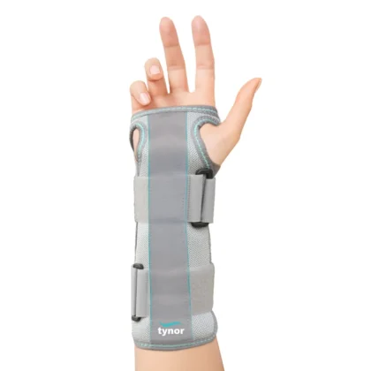 Tynor Forearm Splint in grey with teal trim worn on the hand and forearm, fingers and thumb free