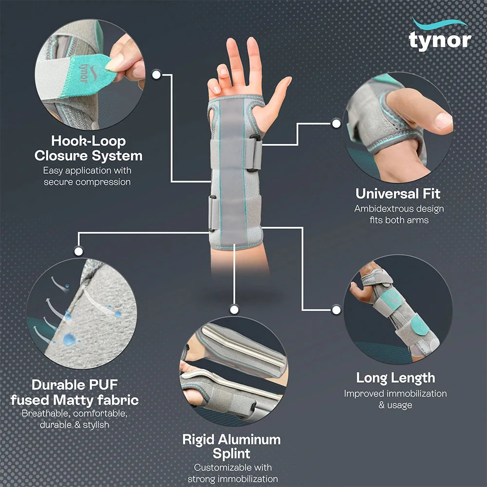 Tynor Forearm Splint features: hook-loop closure, universal fit, PUF-fused fabric, rigid aluminium splint and long length