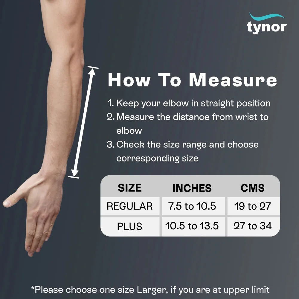 Tynor Forearm Splint size chart by wrist-to-elbow length in inches and cm, Regular and Plus