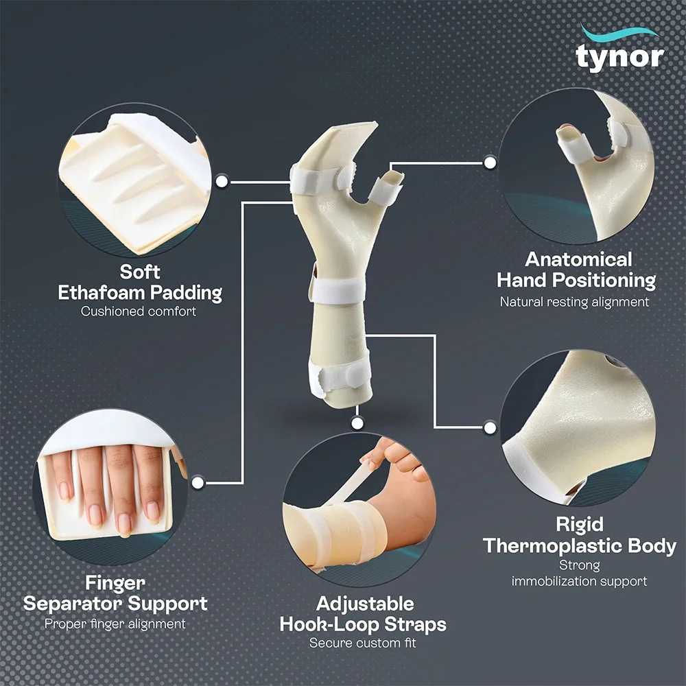 Tynor Hand Resting Splint with close-ups of the foam padding, finger separators, thermoplastic body and hook-loop straps