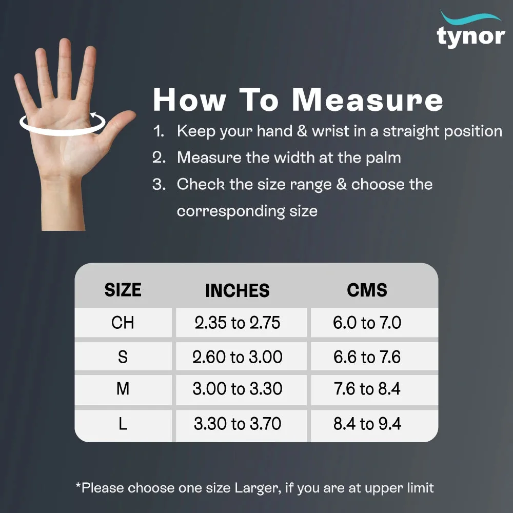Tynor Hand Resting Splint size chart by palm width in inches and cm