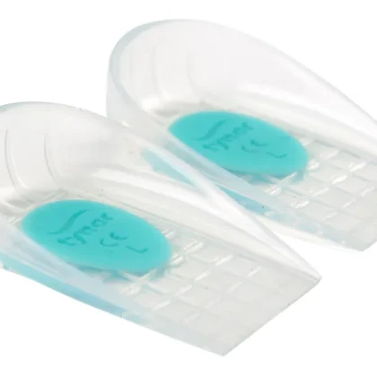 Pair of Tynor Heel Cushion Silicone heel cups in clear silicone with a teal gel spot and grid pattern