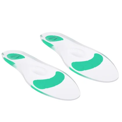 Pair of Tynor Insole Full Silicone insoles in clear silicone with green gel zones at the heel and forefoot