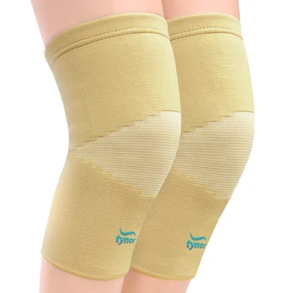 Tynor Knee Cap pair in beige worn on both knees, front view showing the textured kneecap zone