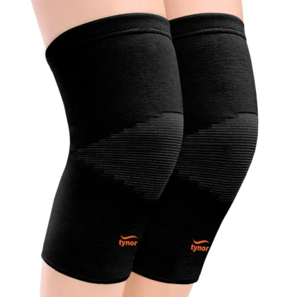 Tynor Knee Cap Air in black with orange logos, worn on both knees, front view