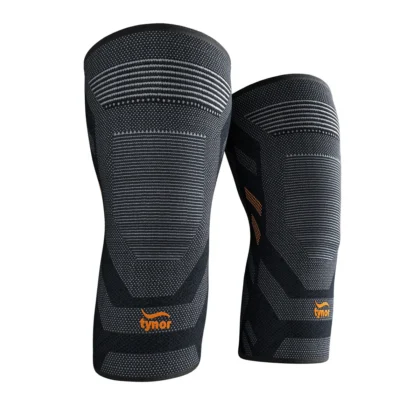Tynor Knee Cap Air Pro in black and orange, a pair of knee sleeves with grey stripes and orange logos
