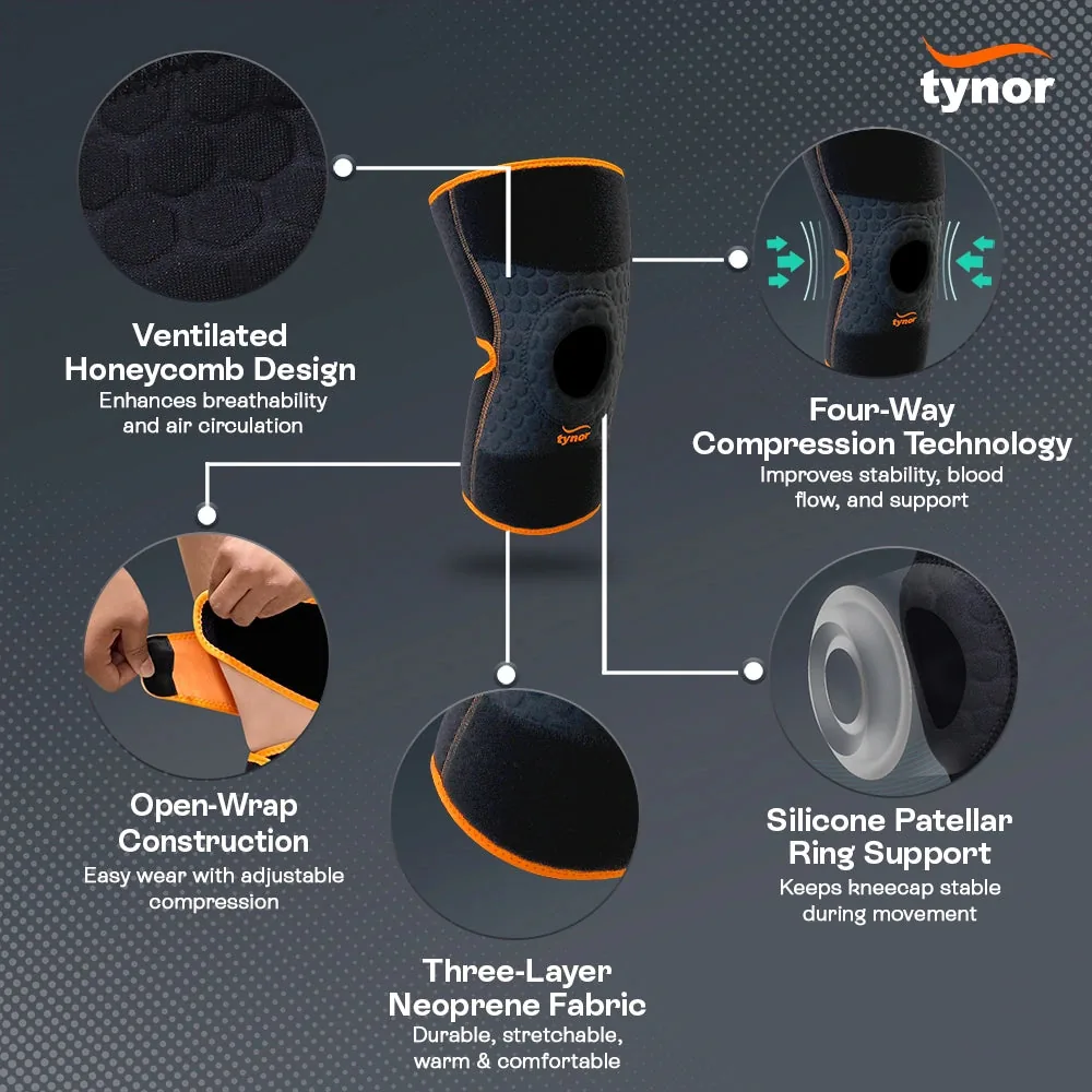 Tynor Knee Wrap (Neo) feature panel: honeycomb design, open wrap, three-layer neoprene and silicone patellar ring