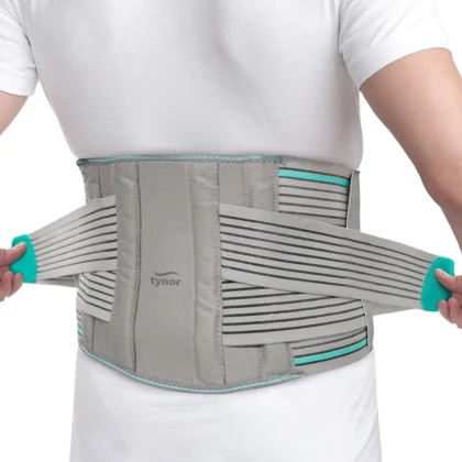 Tynor L.S. Belt Lumbopore in grey worn on the lower back, with the double-pull straps being tightened
