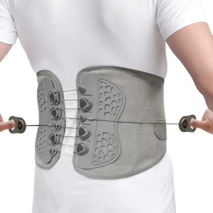 Tynor Lacepull L.S. Belt in grey worn on the lower back, with both lace-pull handles drawn out to the sides