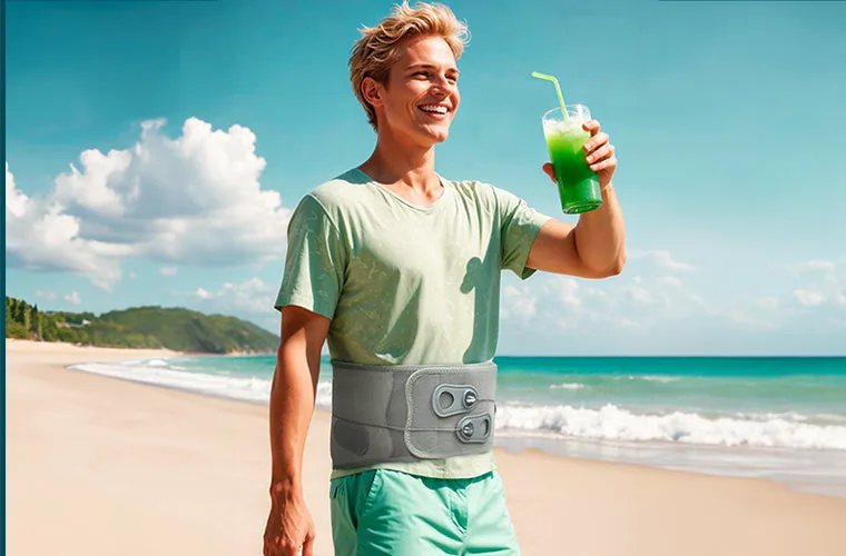Smiling young man on a sunny beach holding a green drink, wearing the Tynor Lacepull L.S. Belt