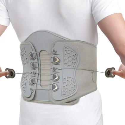 Back view of the grey Tynor Lumbo Lacepull Brace on a man, with both pull handles drawn out to the sides