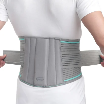 Tynor Lumbo Sacral Belt in grey with teal stripes worn on the lower back, rear view with side straps pulled out