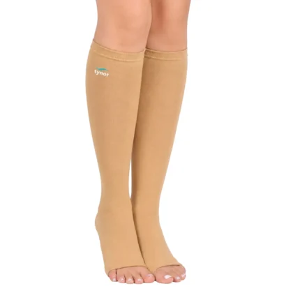 Tynor Medical Compression Stocking Class 2 Below Knee in beige, worn on both legs, front view with open toes