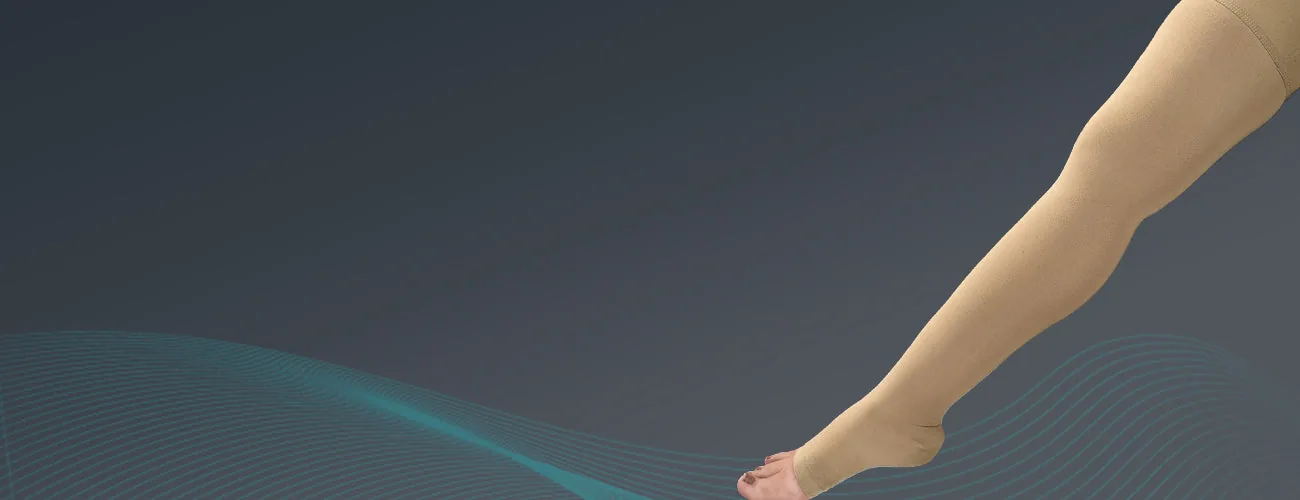 Tynor Medical Compression Stocking Class 2 Thigh High close-up: open-toe foot, side view