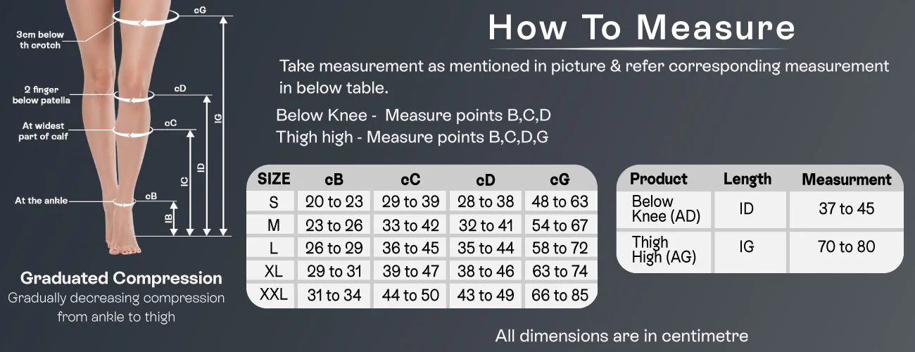 How to measure for the Tynor Medical Compression Stocking Class 2 Thigh High: steps and size table