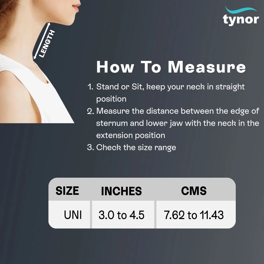 Tynor Neck Corrector & Relaxer size chart with sternum-to-jaw measuring guide
