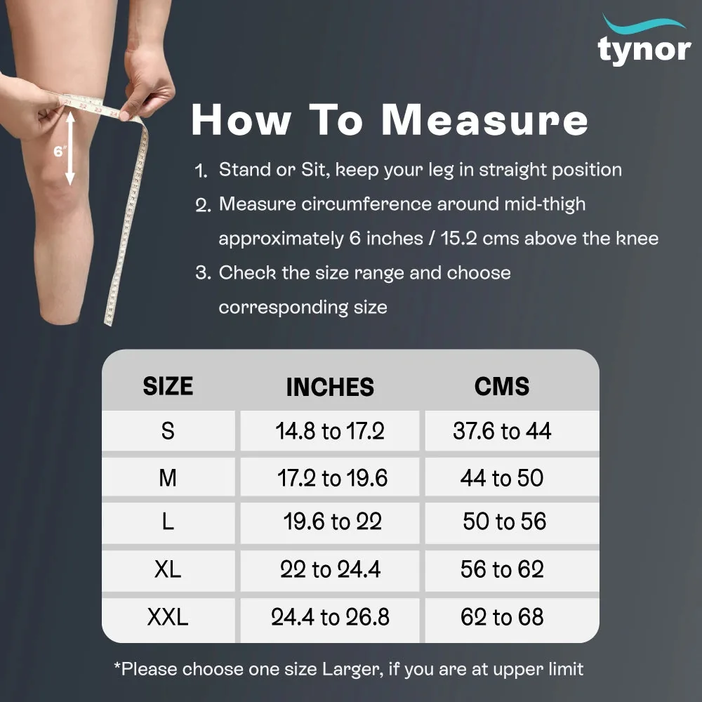 Tynor OA Knee Support (Neoprene) size chart with thigh measuring steps