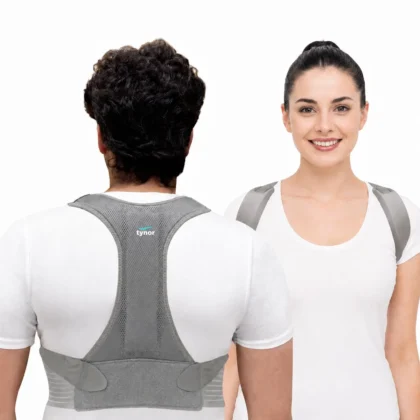Tynor Posture Corrector in grey on a man seen from behind and a smiling woman seen from the front