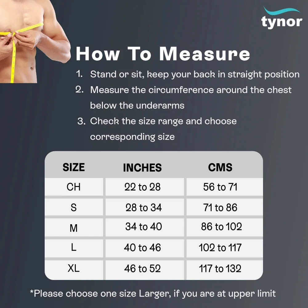 Tynor Posture Corrector size chart by chest circumference below the underarms, in inches and cm