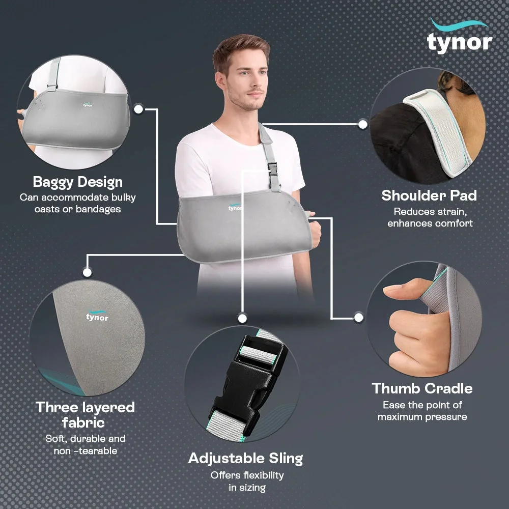 Tynor Pouch Arm Sling Baggy features: baggy pouch, shoulder pad, thumb cradle and adjustable strap