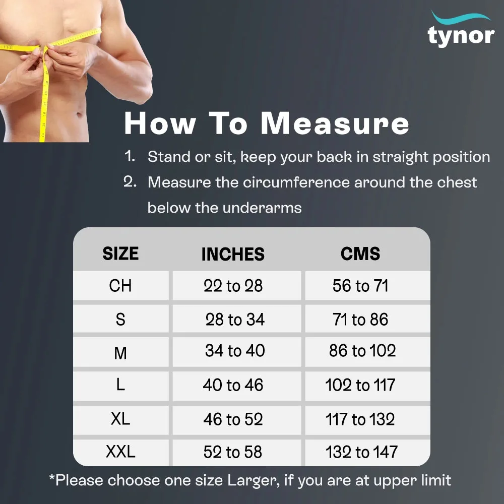 Tynor Pouch Arm Sling Baggy size chart with chest measuring guide