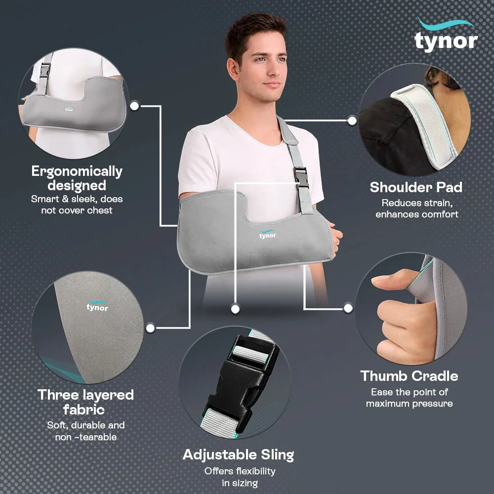 Tynor Pouch Arm Sling Tropical features: open-chest design, shoulder pad, three-layer fabric, adjustable strap and thumb cradle
