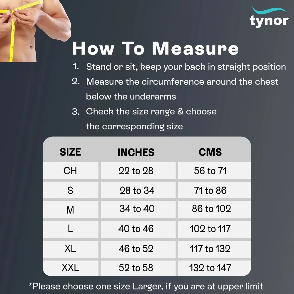 Tynor Pouch Arm Sling Tropical size chart by chest circumference below the underarms, Child to XXL
