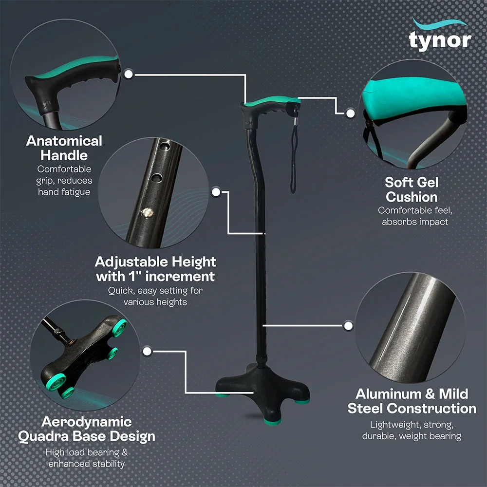 Tynor Quadra Stick features: anatomical handle, soft gel cushion, height adjustment and quadra base