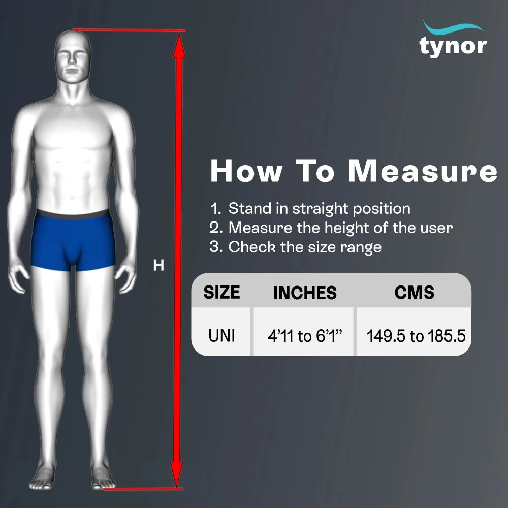 Tynor Quadra Stick size chart: one size for user height 4 ft 11 in to 6 ft 1 in
