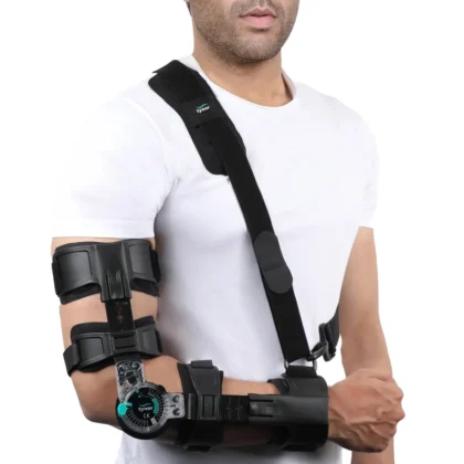 Tynor R.O.M. Elbow Brace in black worn on the arm, with range-of-motion dial and padded shoulder sling