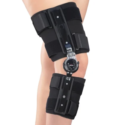 Tynor R.O.M. Knee Brace 18 inch in black, worn on the leg, showing the dial hinge and straps