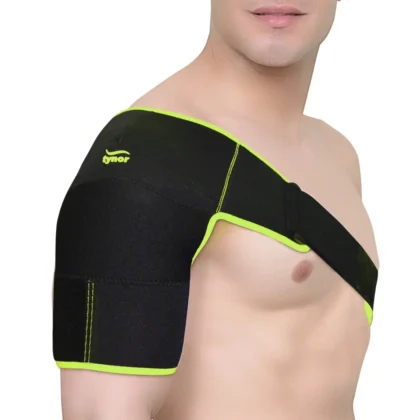 Tynor Shoulder Support Double Lock (Neo) in black and green worn on the shoulder, with the strap across the chest
