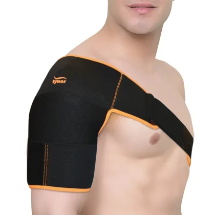 Black and orange Tynor Shoulder Support Double Lock (Neo) fitted over a bare shoulder, its long strap running across the chest