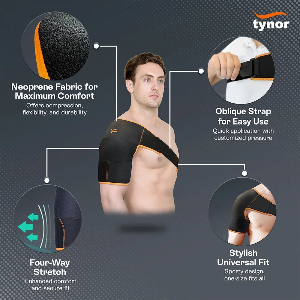 Tynor Shoulder Support Double Lock (Neo) panel with close-ups of the neoprene, the strap being pulled and the stretch zones