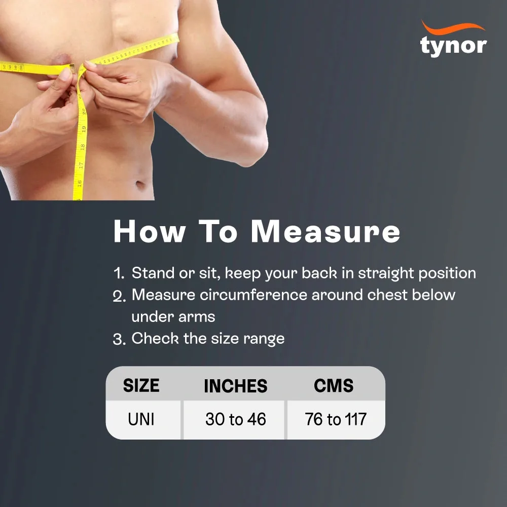 Tynor Shoulder Support Double Lock (Neo) size chart: chest measured below the armpits, 30 to 46 inches