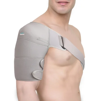 Tynor Shoulder Support (Neoprene) in grey worn over a man's shoulder and upper arm, strap crossing the chest
