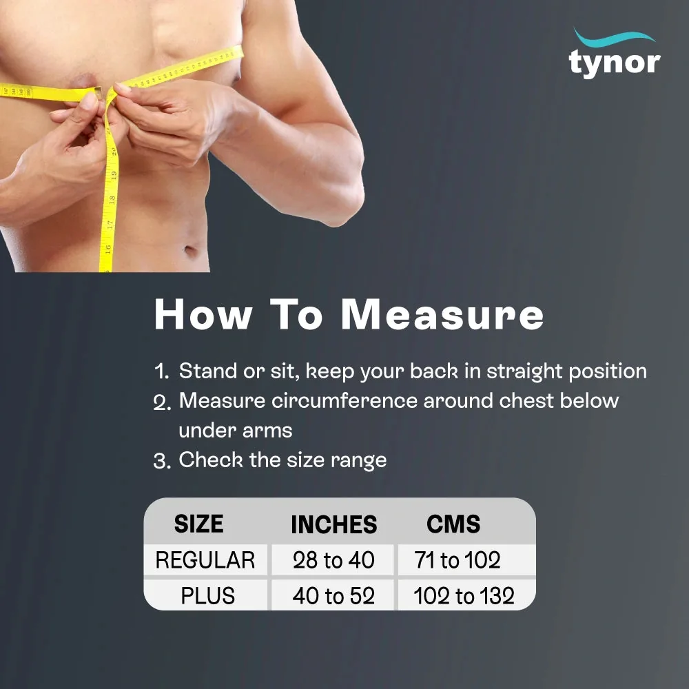 Tynor Shoulder Support (Neoprene) size chart for Regular and Plus by chest circumference below the arms