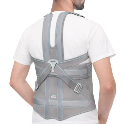 Back view of a man in a white T-shirt wearing the Tynor Taylor's Brace Short, with crossed shoulder straps and buckles