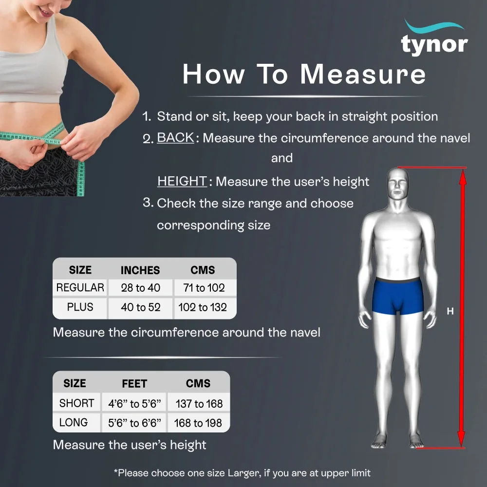 Tynor Taylor's Brace Short size chart by navel circumference for Regular and Plus and by user height