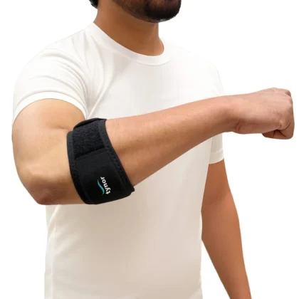 Tynor Tennis Elbow Support in black worn on the upper forearm of a man in a white T-shirt