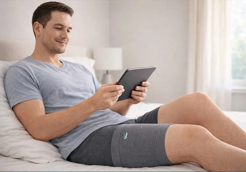 Man in a grey T-shirt reading a tablet on a bed, wearing the grey Tynor Thigh Support