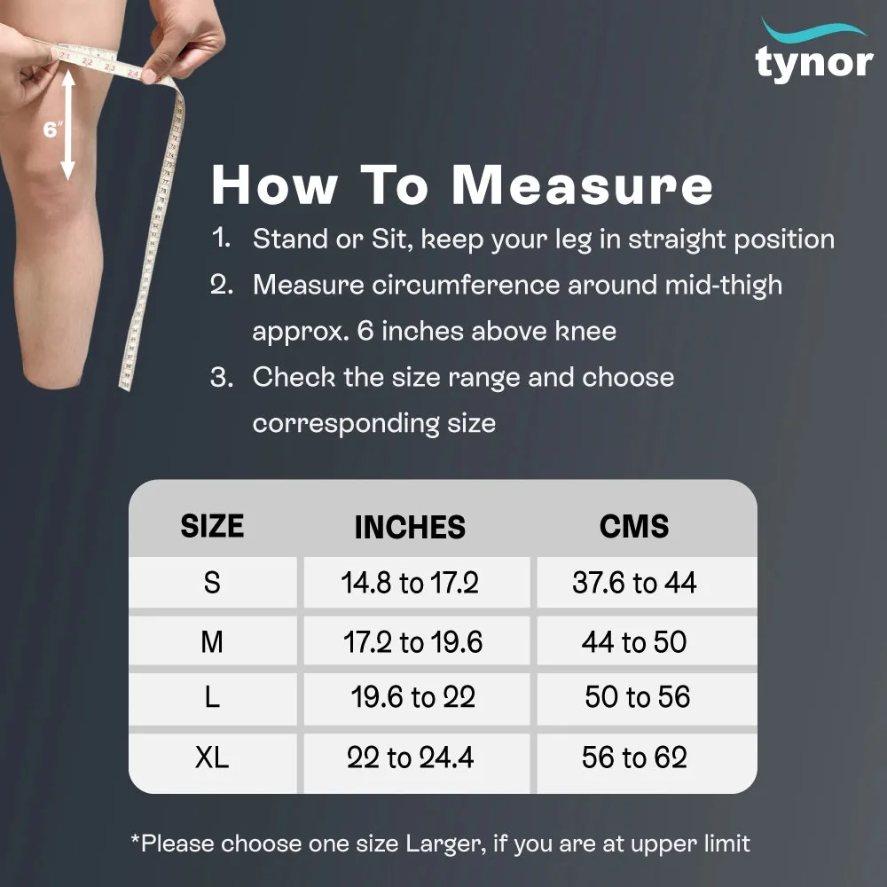 Tynor Thigh Support size chart by mid-thigh circumference 6 inches above the knee, S to XL