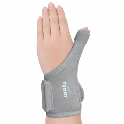 Tynor Thumb Spica Splint in grey worn on the hand, covering the thumb and wrist with the fingers left free