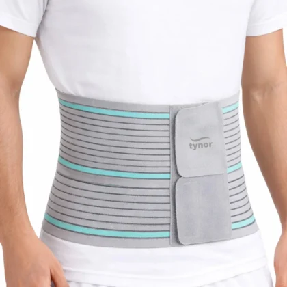 Tynor Tummy Trimmer Abdominal Belt in grey with teal stripes, worn over a white T-shirt with front hook-loop panels