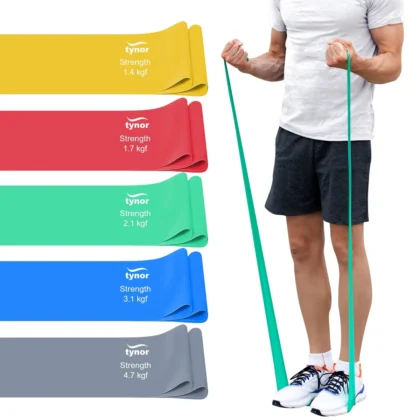 Tynor Tyroband exercise bands in yellow, red, green, blue and silver, with a man doing arm curls using a green band