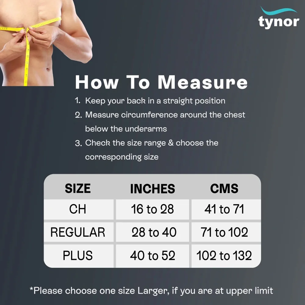 Tynor Universal Shoulder Immobiliser size chart with chest measuring steps